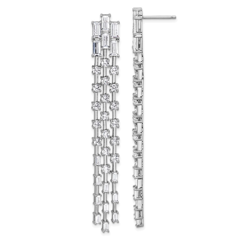 925 Sterling Silver Rhodium-Plated Polished Fancy 3-Row Cz Post Dangle Earrings